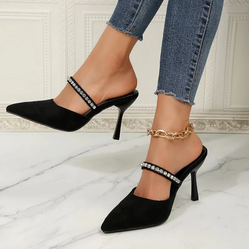 

Туфли женские на высоком каблуке, повседневные, заостренный носок, со стразами, туфли-лодочки, черные, лето 2023