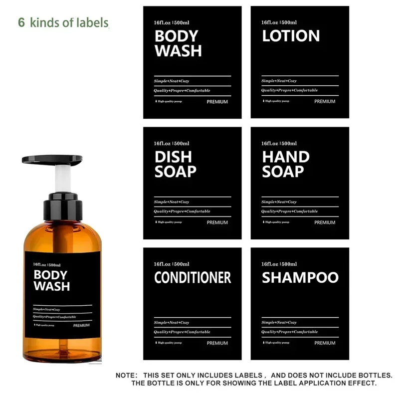 Shower Bottle Sticker Waterproof 6PCS Soap Dispenser Label Black Lotion Label Shampoo Conditioner Body Wash Bathroom Accessories bathroom labels sticker set