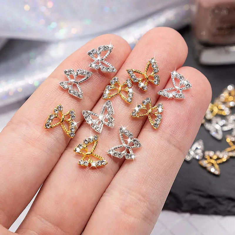 10Pcs 3D Crystal Butterfly Nail Charms Hollow Shape with Rhinestones for DIY Nail Art Decorations 8*8.5mm Shiny Butterfly Gems 9