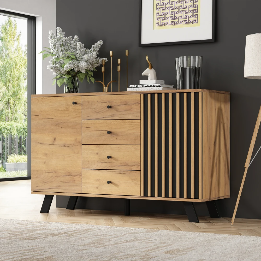 120 x 38 x 75 cm großes Wohnzimmer-Sideboard, hohler Design-Schrank mit 4 Schubladen und 5 Beinen aus Massivholz, Beistelltisch mit 2 Schränken – Detail 6