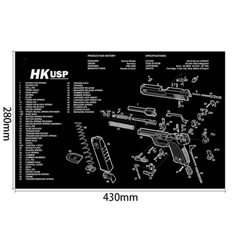 280x430mm Gun Cleaning Rubber Mat With Parts Diagram Instructions Mouse Pad For 1911 Glock HK USP M92 P220 226 5