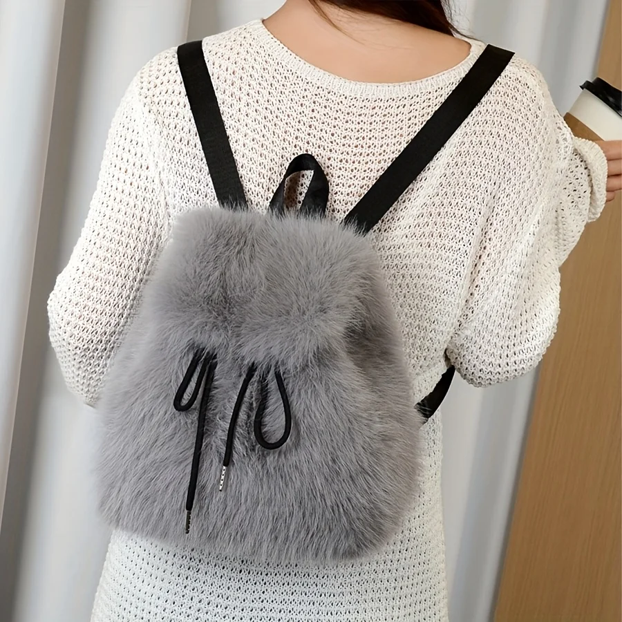 Women's Plush Faux Fur Backpack with Adjustable Drawstring Closure Daypack for Casual Formal Use Mini Backpack Soft Texture Bag