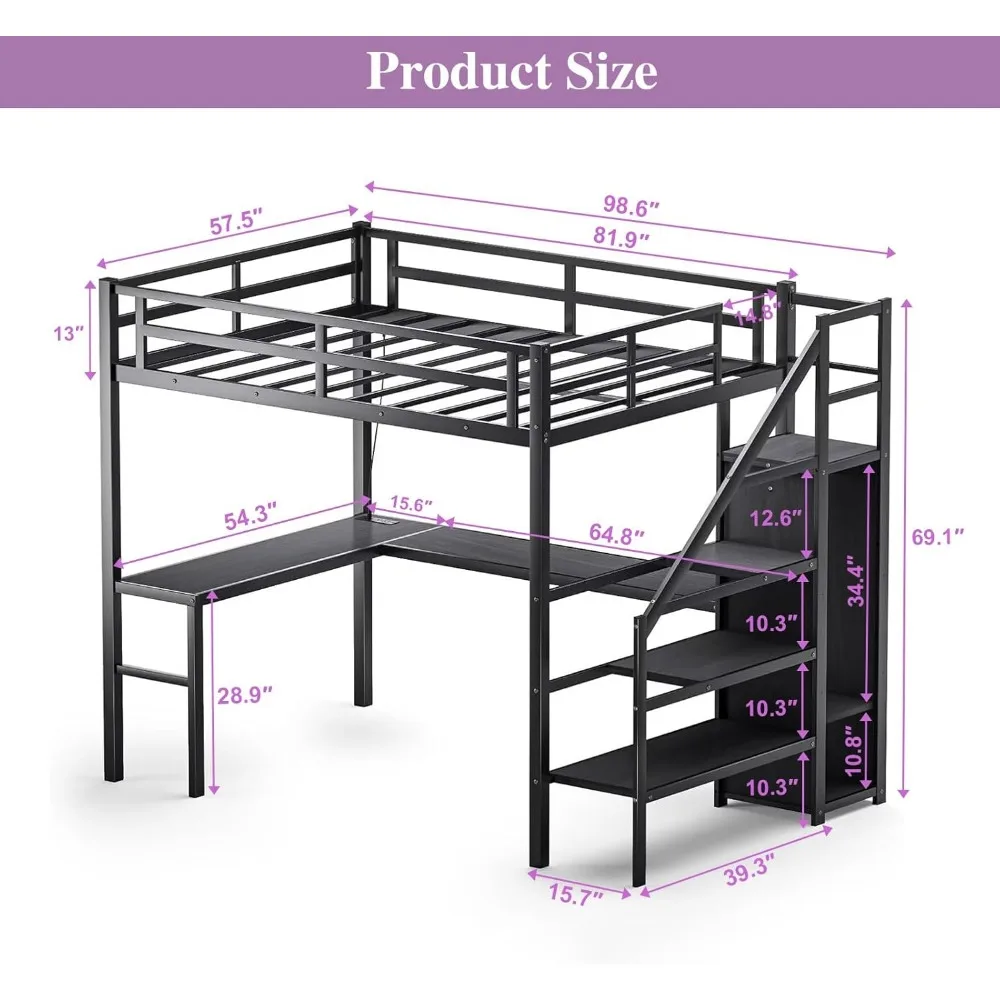 Metal Full XL Loft Bed with Desk and Wardrobe, Storage Stairs, LED Lights, USB Port, Heavy Duty Space Saving Children's Wardrobe 3