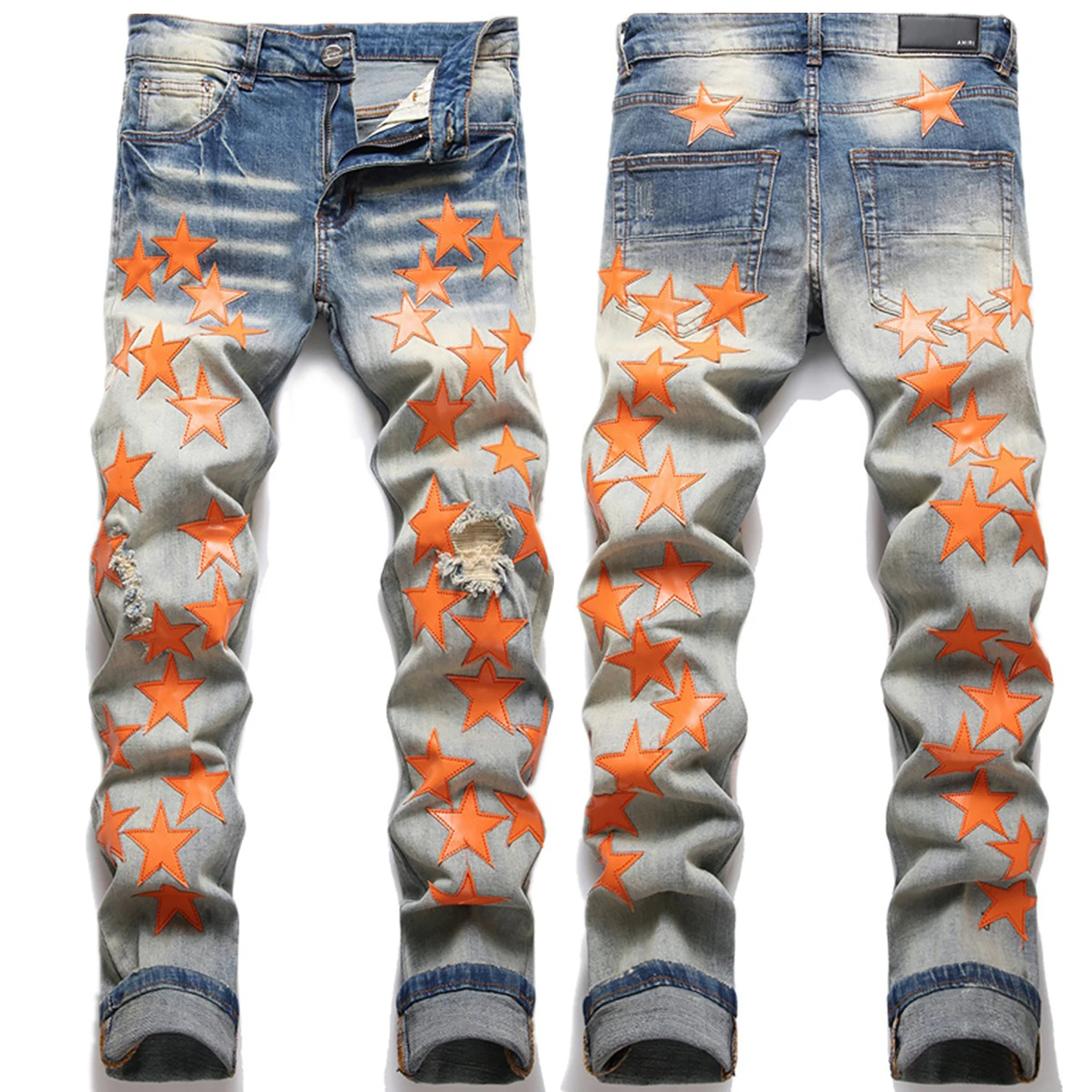 

New Style Men’s Light Luxury Blue Ripped Jeans ,Slim Fit Sexy Denim Jeans,Stars Decors Punk Jeans,Trendy Casual Jeans;