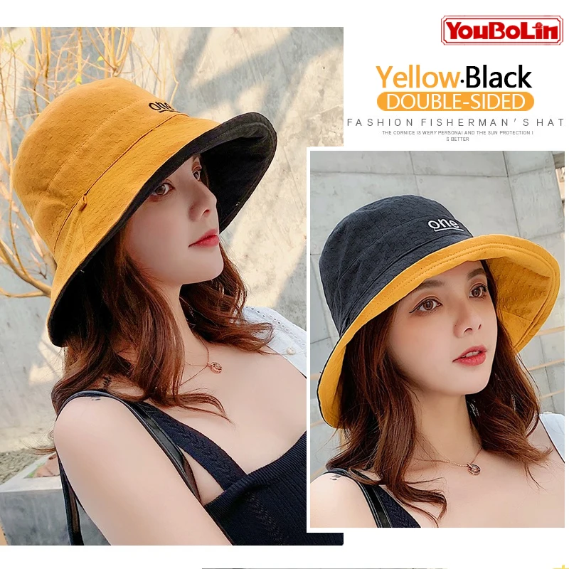 Womens ‘ONE‘ Letter Embroidery Double-Sided Cotton Bucket Hat S78d003a319ea40b0835bf9ef1bf3c238i