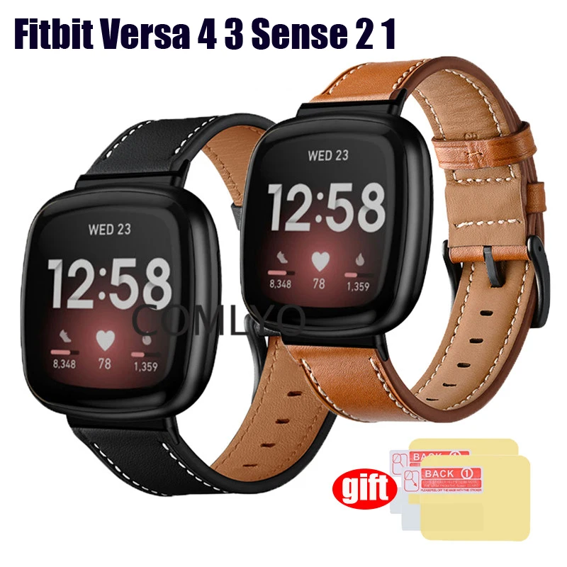 

3in1 pack Leather Straps for Fitbit Versa 4 3 Strap Smartwatch Wristband Band Belt Bracelet Fitbit Sense 2 Screen Protector film