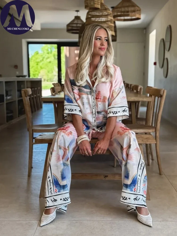 Women’s Elegant Printed 2-Piece Set – Half Sleeve Top & Wide Leg Pants 2