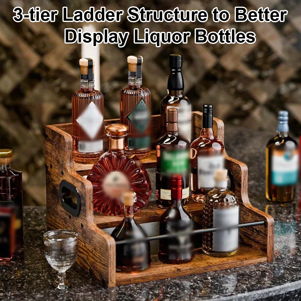 Liquor Bottle Display Shelf 3 Step Countertop Wine Rack Retro Bar Shelf Stand for Liquor Whiskey Spirits