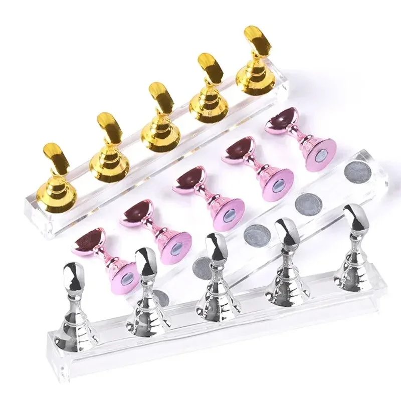 

5PCS/Pack Chess Magnetic Nail Holder Practice Display Stand Gold Silver Rose-Golden Showing Shelf Gel Polish Nail Art Accessory