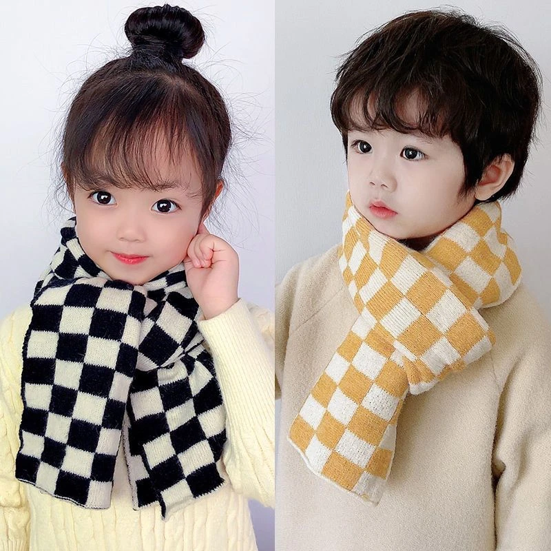 Checkerboard children's wool scarf knitted Korean black and white checkered children warm autumn and winter baby boys girls