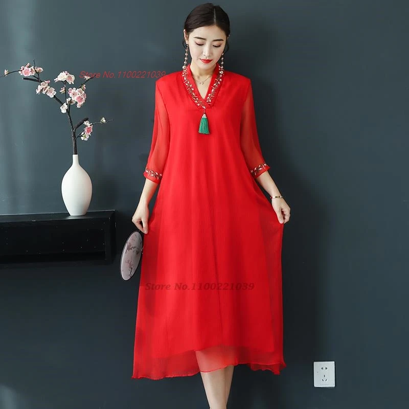

2024 chinese traditional chiffon dress national flower embroidery v-neck dress oriental elegant banquet evening dress vestido