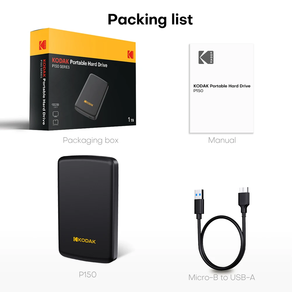 KODAK P150 512GB 2.5인치 휴대용 외장형 HDD USB 3.0 5Gbps 게임용 스토리지 디스크 노트북 및 데스크탑과 호환 가능