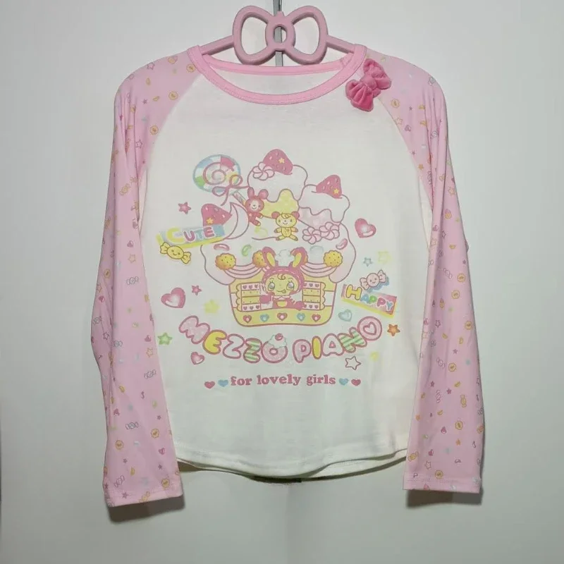 Pink Japanese Y2k Aesthetic Lolita T-shirts Women Clothing Sweet Cartoon Print O Collar Bow Tees Casual Kawaii Grunge Fairy Tops 2
