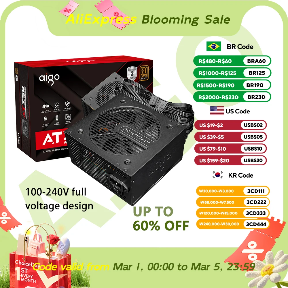 AIGO AT Power Supply 550W 650W 750W 120mm Fan 100 240V Full Voltage Design 80Plus ATX Desktop DIY Gamer Computer PSU Fonte