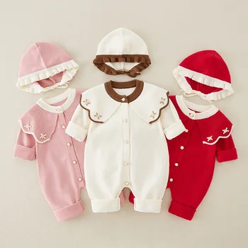 Neonati Vestiti per bambini Primavera e autunno Ragazze Tuta lavorata a maglia per bambini Patchwork ricamato per bambini con cappello Pagliaccetti lunghi