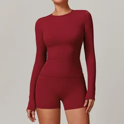 Women's Long Sleeve Winter Fitness Yoga Top - Breathable & High Elastic Sports Shirt - S (Cherry red)