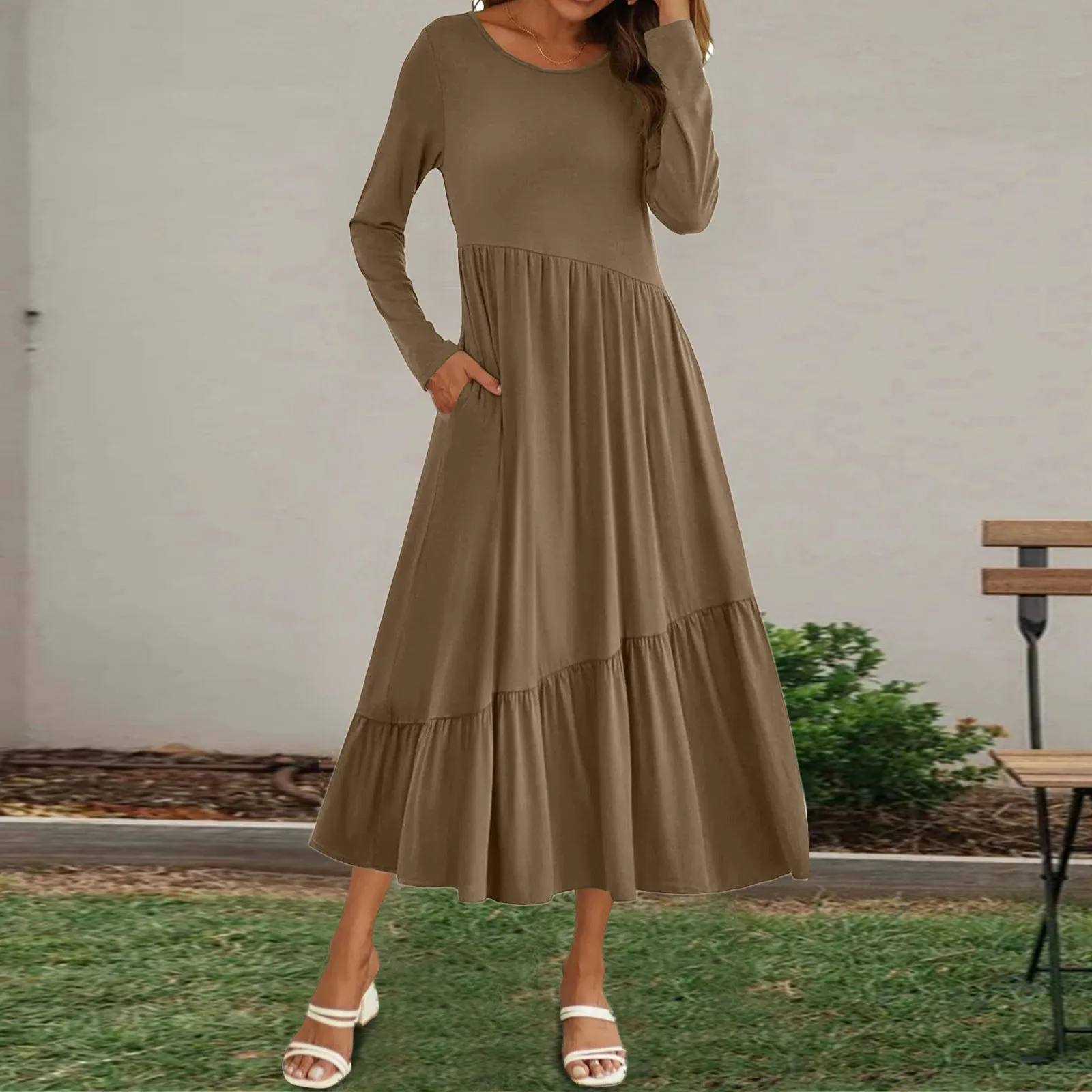 

Женское Повседневное платье с длинным рукавом, летнее свободное однотонное многослойное длинное платье с карманами