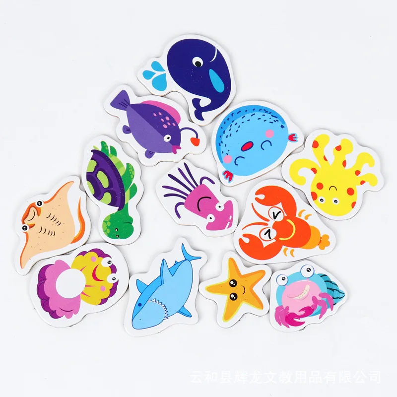 12pcs Fridge Magnets Animal Fish and Crab Wooden Fridge Magnet 3D Cartoon Sticker Toy for Kids Diy Office Whiteboard Gadget