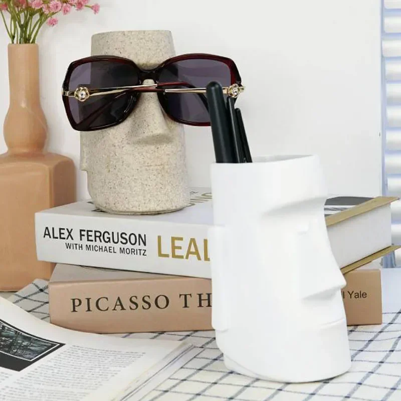 

Resin Moai statue glasses frame pen holder office living room desktop multi-function storage box pen barrel figurines