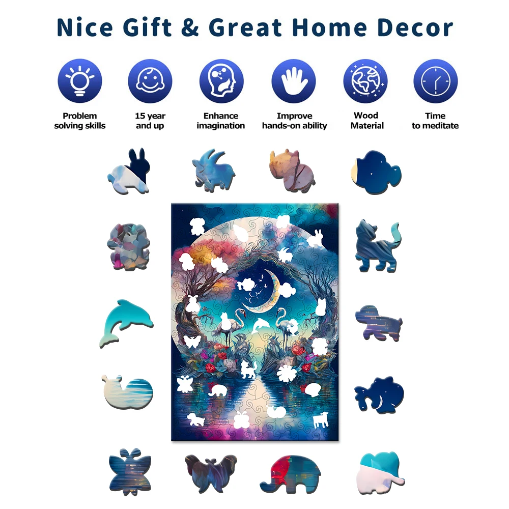 View Under the Moon Wooden Puzzle, Uniquely Irregular Animal Shaped, Creative Handmade Decorations, Holiday Gifts Home Decor 3