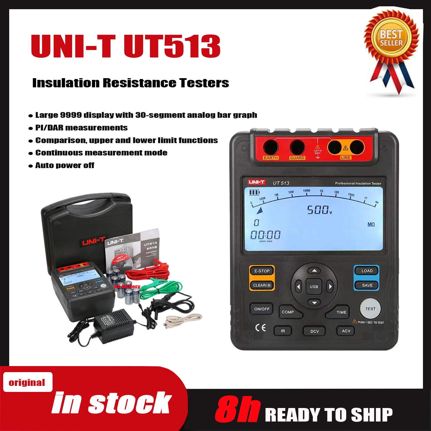 

UNI-T UT513 Insulation Resistance Tester Electrical Meter AC DC Voltmeter 5000V Automatic Range Digital Megohmmeter Data Hold