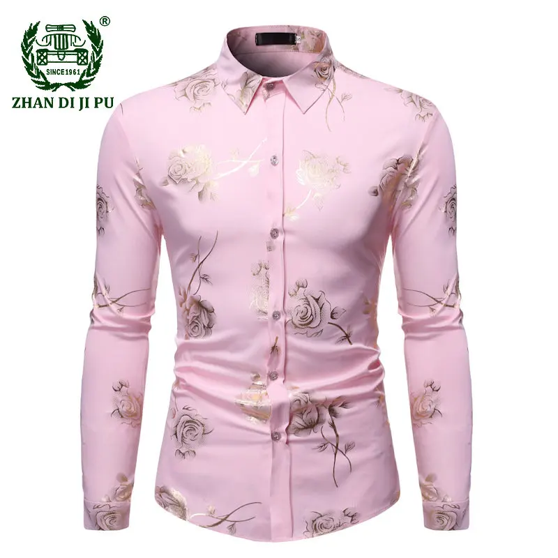 

Gold Rose Floral Printed Shirts for Men Slim Fit Long Sleeve Dress Shirts Chemise White Wedding Party Bronzing Camisa Masculina