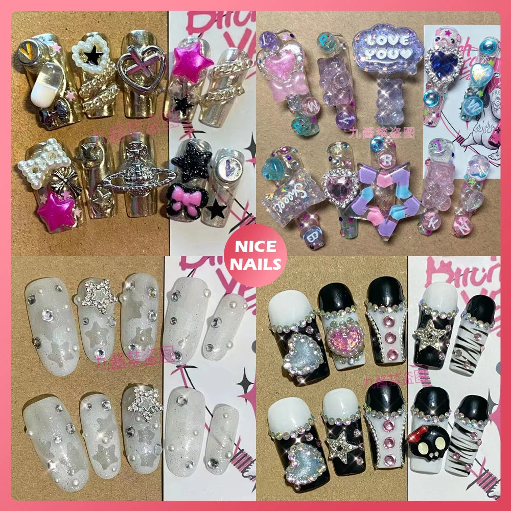 Amazon.com: Long Fake Nails with Charm French Tip Square Press on Nails  Full Cover False Nails with Bow Heart Pearl Flower Designs Acrylic Nails  Pink Glitter Stick on Nails Cute Long Artificial