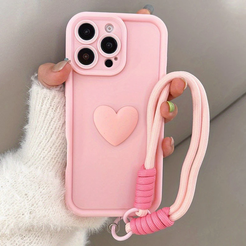 Adorable 3D Love Heart Silicone Phone Case with Lanyard Rope Cover