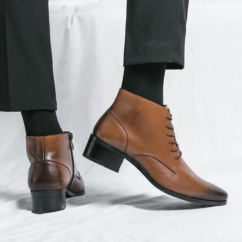 Chelsea Boots Men's Pointed Brown Black Double layered Cowhide Side Zipper Formal Business Casual Leather Shoes 38-44 Male Boots