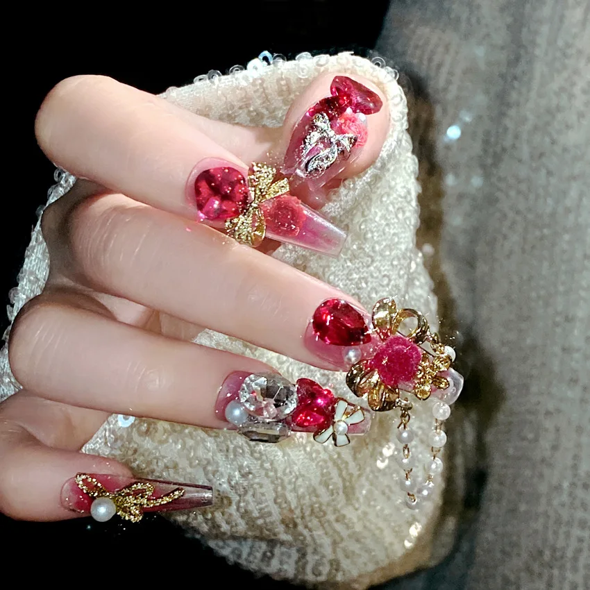 Stunning 24pc Luxury Red Diamond Press On Nails | 3D Gold Bow & Pearl