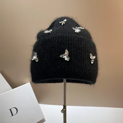 Luxury Rhinestones Fashion Women's Winter Hats Real Rabbit Fur Lady Warm Knitted Hat Outdoor Wool Skullies Beanies Skiing Caps