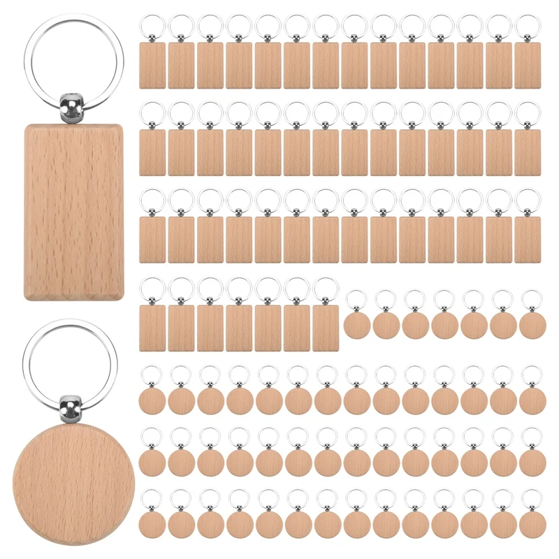 

100Pcs DIY Blank Wooden Key Chain Rectangle Heart Round Ellipse Carving Key Ring Wood Key Chain Ring