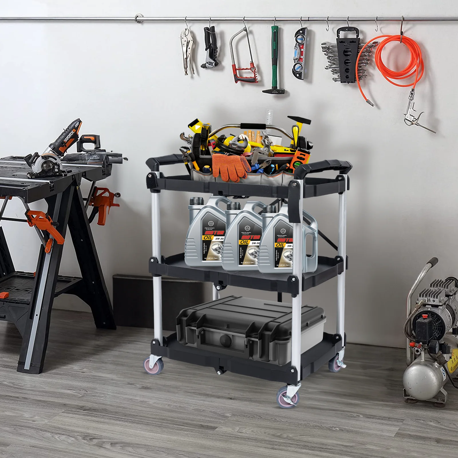 No Assembly Foldable Service Carts with Wheels 3 Tier Portable Utility Rolling Tool Garage Cart Collapsible Storage Cart