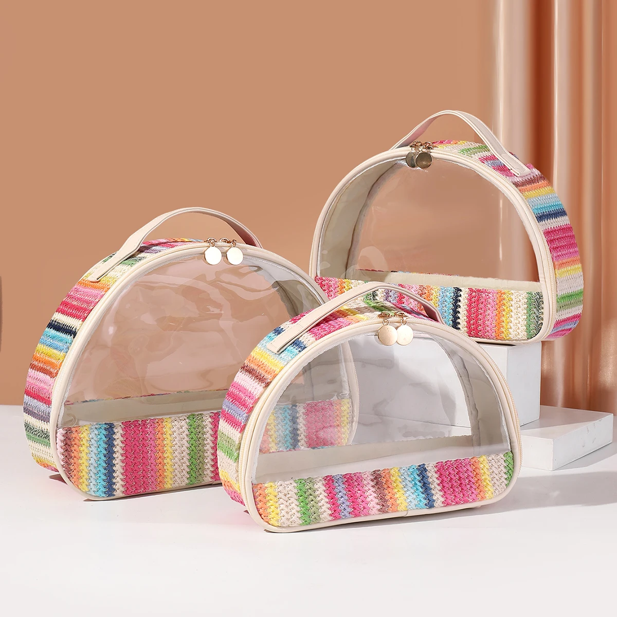 Straw Woven PVC Splicing Storage Bag Large Capacity Waterproof Organizer Bag High Aesthetic Value Suitable for Seaside Use handbag lovely rainbow cloud handbag new handmade cotton woven bag seaside holiday beach bag versatile straw woven bag