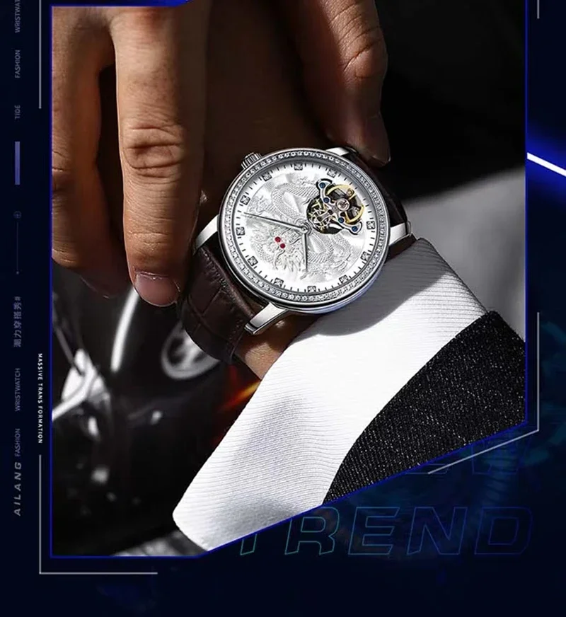 Luxus Herrenuhr Diamant Luxus Top wasserdicht Herren automatische mechanische Uhr hohle Lederuhr – Detail 6