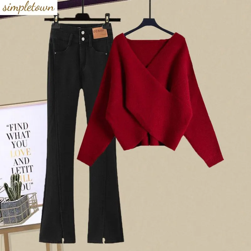 Autumn and Winter Set 2023 New Large Women's Fashion Cross Knit Sweater Flare Jeans Two Piece Set Fashion