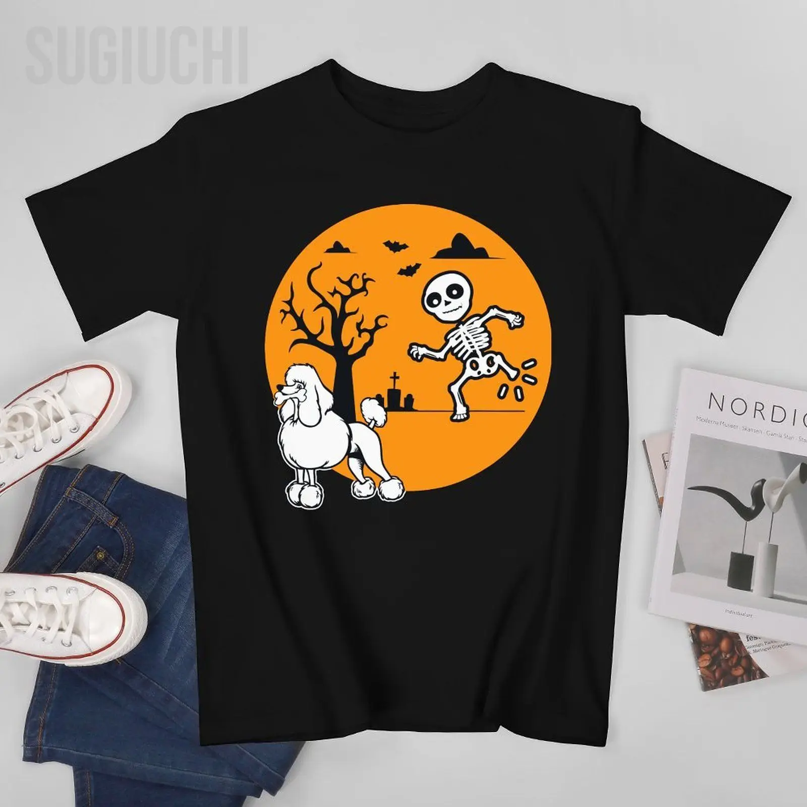 

Unisex Men Funny Skeleton Bone Dog Lovers Halloween Poodle Dog Tshirt Tees T Shirts Women Boys 100% Cotton T-Shirt