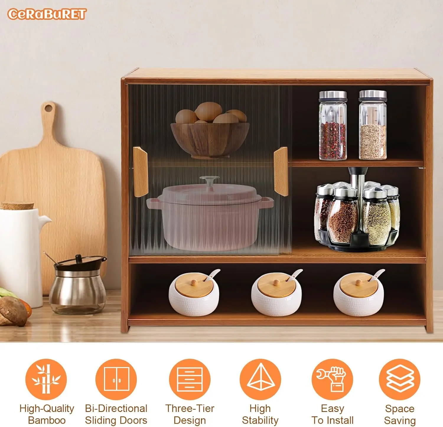 Small Bamboo Kitchen Pantry Sideboard with 2 Sliding Striped Glass Doors, Tea-Colored Freestanding Countertop Storage Cabinet