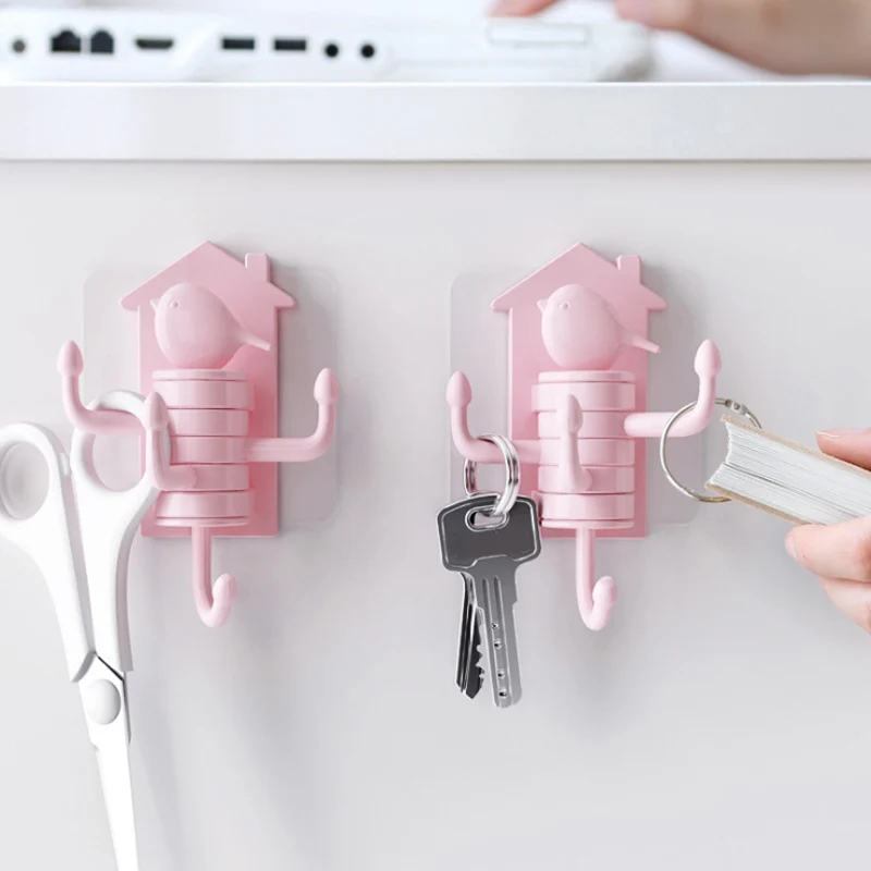 1pcs Home Wall Rack Waterproof Rotating Hooks Bird House Design Strong Viscose Nailless Wall