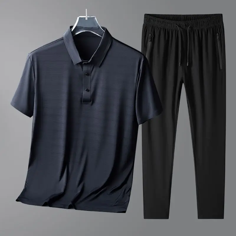 Summer Breathable Thin Pants Set Men Solid Lapel Button Short Sleeve Top Elastic Waist Drawstring Zipper Pocket Casual Pants