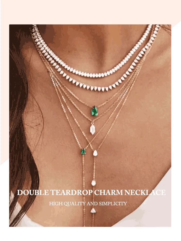 Hochwertige einfache doppelschichtige Tropfen-Charm-Halskette mit grünem CZ gepflastert für Damen, modischer klassischer Schlüsselbeinkettenschmuck – Detail 1