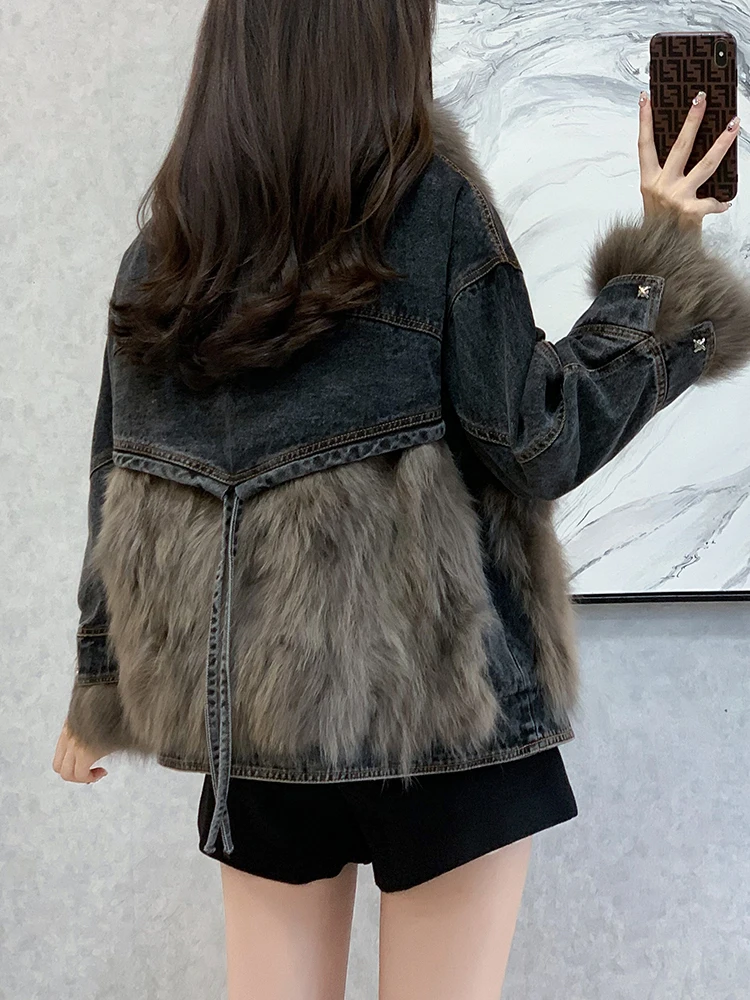 Chic Metal Chain Moto Biker Style Denim Fur Jacket Women Winter Thick Warm Zipper Up Overcoat Loose Casual Short Coat Trendy