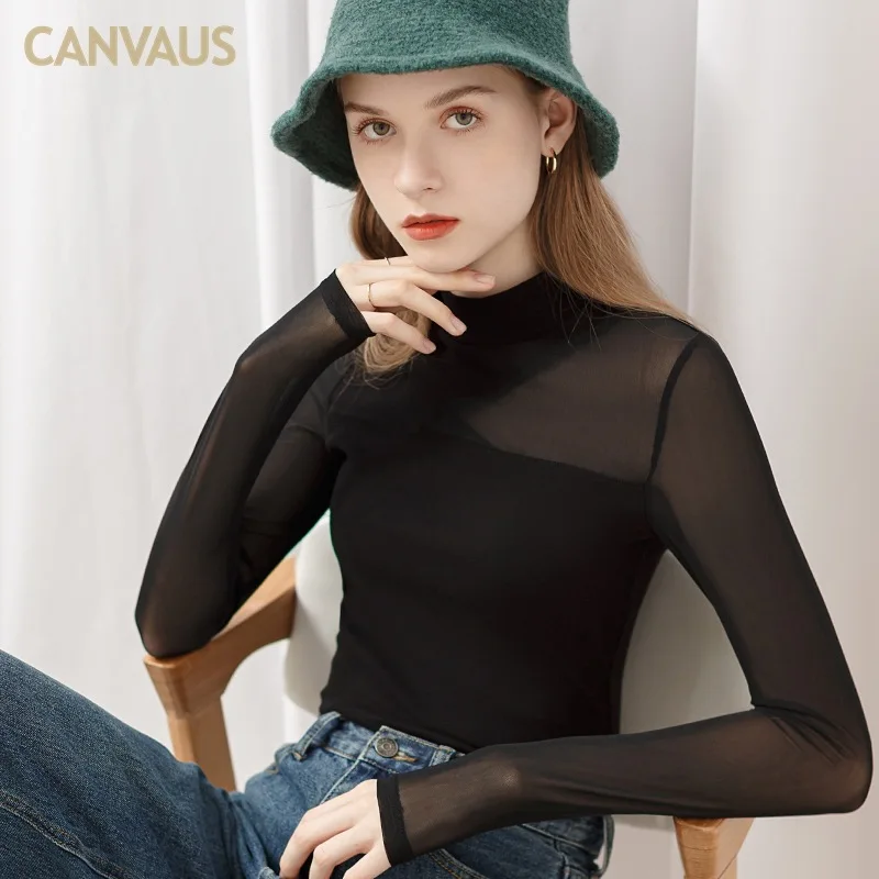 European and American style women's spring new sexy mesh stitching half turtleneck bottoming shirt perspective image