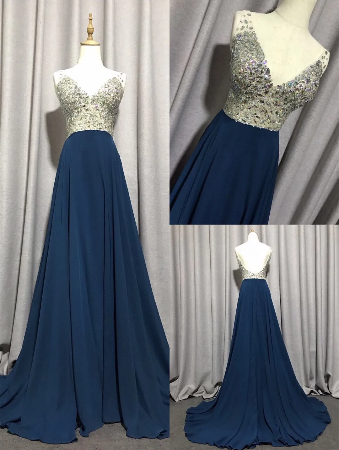 windsor prom dresses Royal Blue Prom Dresses Bead Crystal Chiffon Evening Gown Deep V Neck Party Dress A line Princess Open Back Girl Formal Gown simple prom dresses