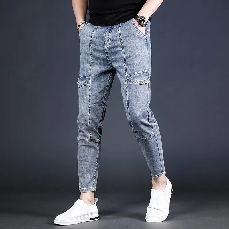 Cargo Jeans Men Summer Slim Fit Ankle-Length Pants Streetwear Fashion Casual Blue Patchwork Denim Trousers