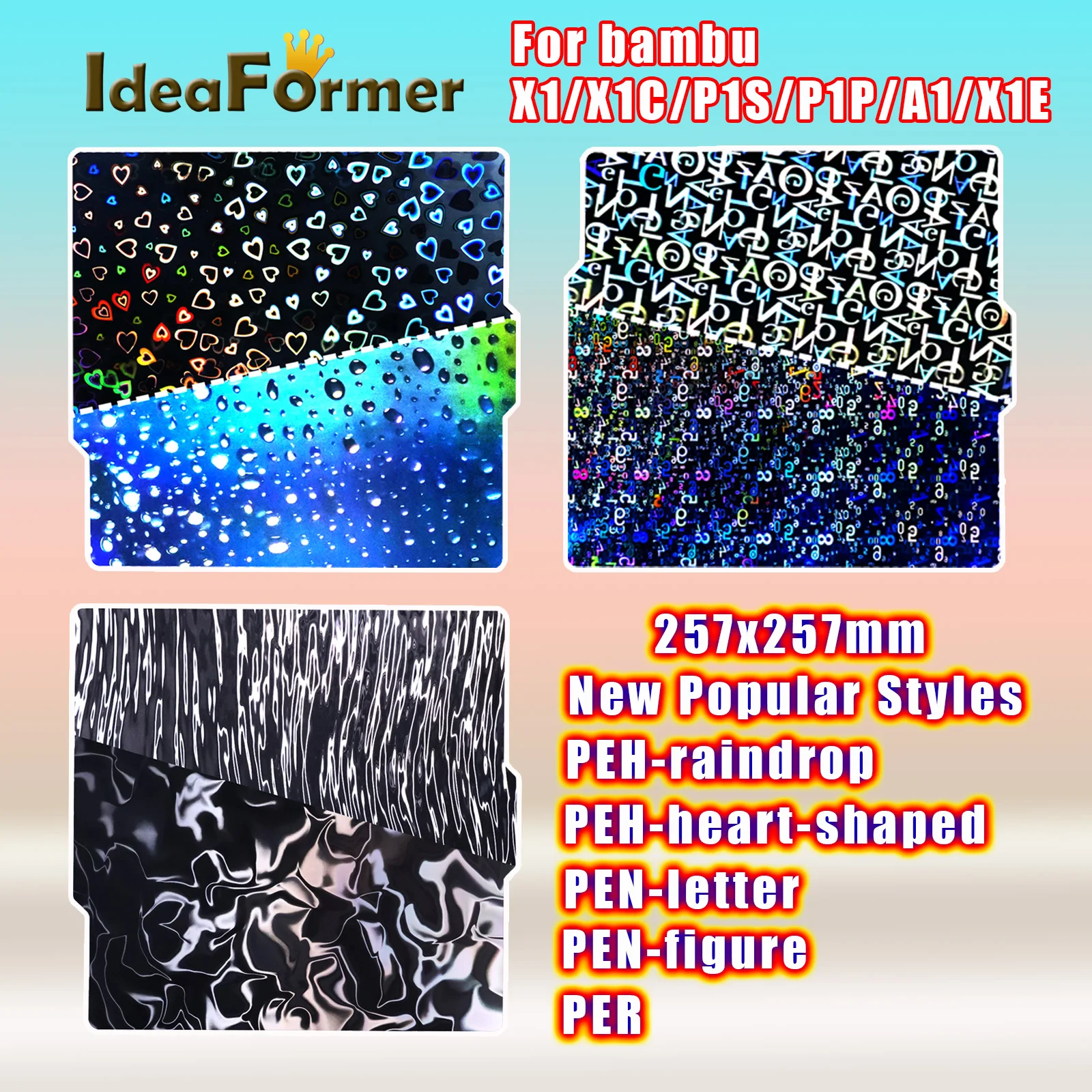 PEH-빗방울 PER 시트, 대나무 랩 X1 X1C 빌드 플레이트, PEH 하트 모양 Bamblab 257x257mm 시트, P1S P1P A1 X1E 대나무