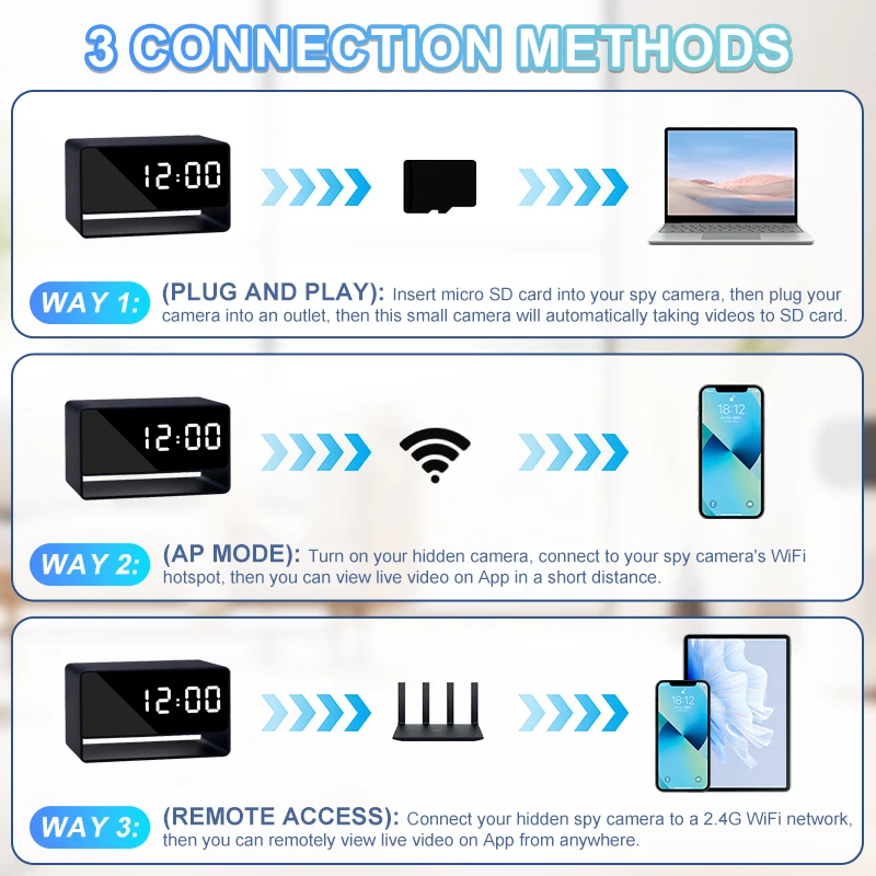Mini 1080P Camera Clock Wireless Clocks Cameras HD WiFi Surveillance Security Cam Night Vision 12/24 Hour Detection Alert