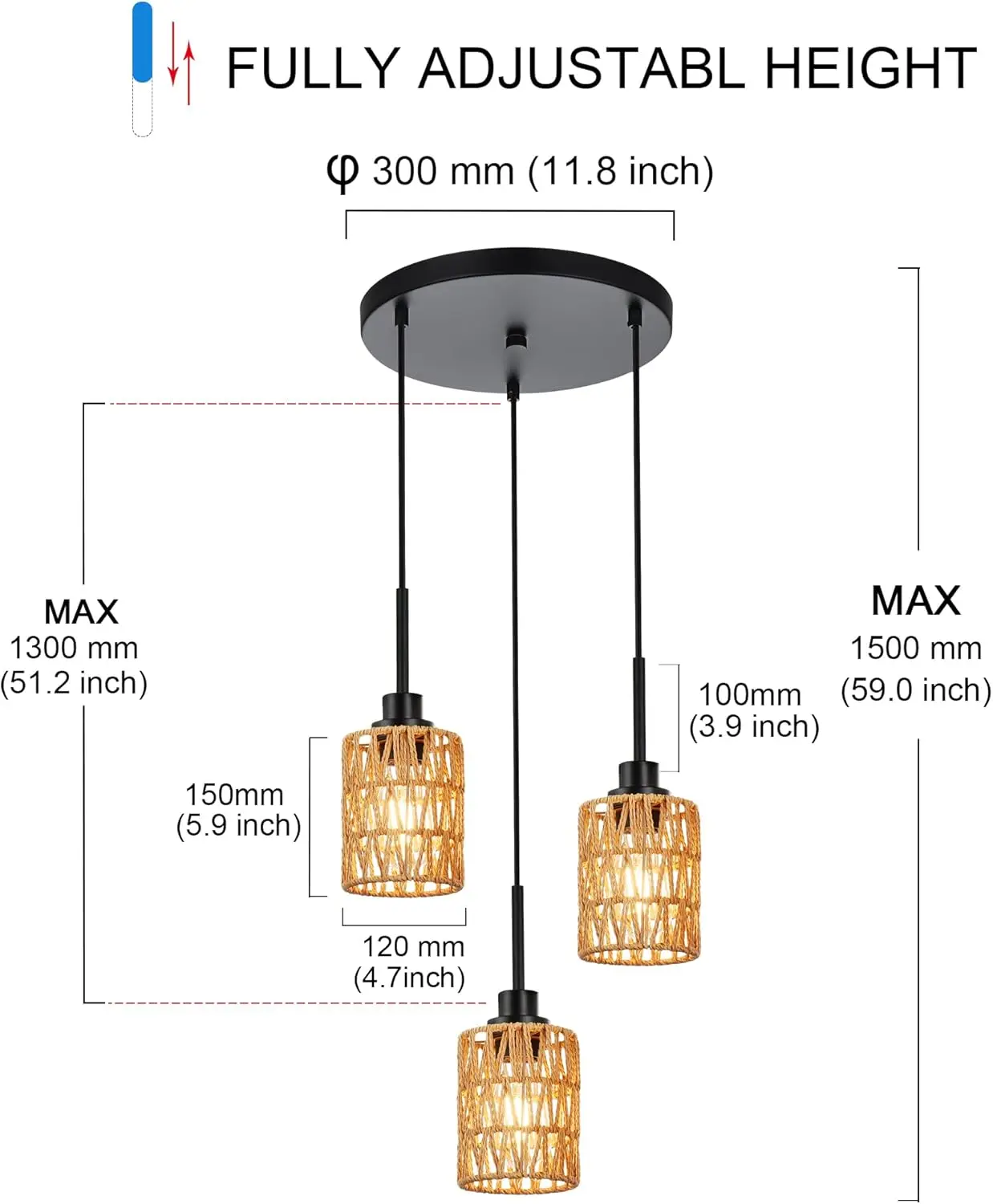 3-flammige Rattan-Pendelleuchte, Bauernhaus, Boho-Deckenleuchte, gewebter E27-Kronleuchter, rustikale Lampe für Wohnzimmer, Esstisch – Detail 10