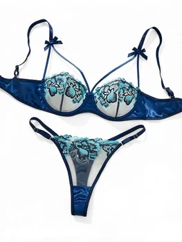 Ensemble de lingerie en dentelle bleue à fleurs avec soutien-gorge à armatures à nœud sur l'épaule et bretelles, culotte ajustable – Tenue intime séduisante pour boudoir