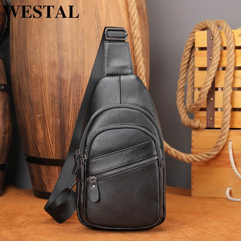 WESTAL Leather Sling Bag Men's Side Bags Casual Sport Chest Pack